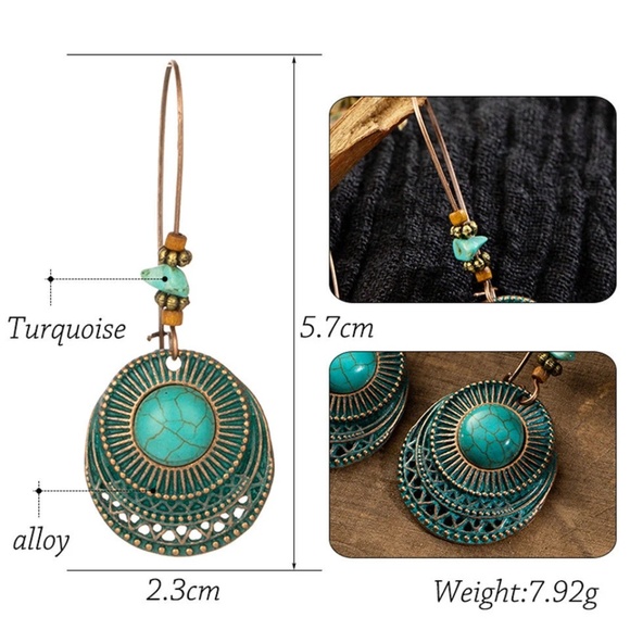 Turquoise earrings, Vintage Turquoise dangle earrings, statement earrings, Boho - Picture 5 of 5